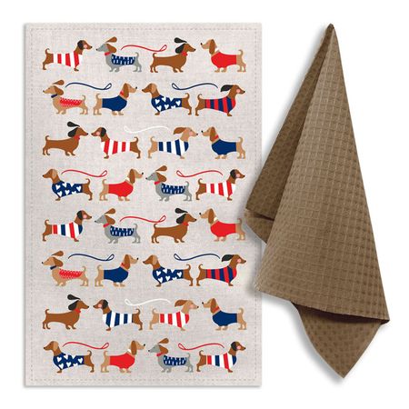 комплект полотенец кухонных ваф. Таксы 35х60см 2шт бежевый, арт.ЛВ-308-Таксы фланелевое одеяло с принтом лап для таксы