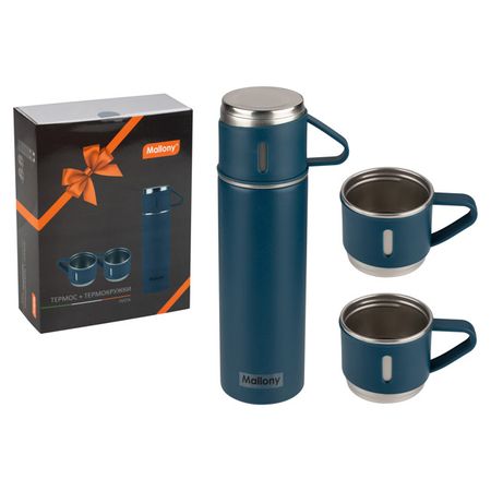 термос MALLONY Festa 0,5л с 3-мя термокружками нерж.сталь, пластик синий термос apollo teatro 0 48л узкое горло с индикатором температуры нерж силикон