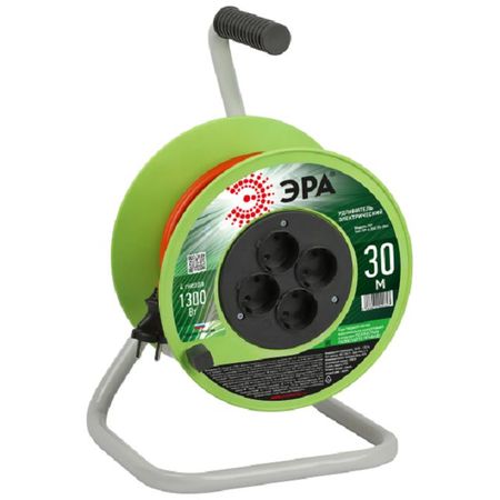 удлинитель на пластиковой катушке ЭРА 30м 4-местный ПВС 6/з IP20 2х0,75мм зеленый удлинитель 3м 3 местный б з 2х0 75мм кв