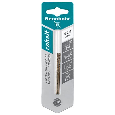 сверло по металлу RENNBOHR COBALT 2,0х49мм 2шт сверло по металлу rennbohr cobalt 3 5х70мм 2шт