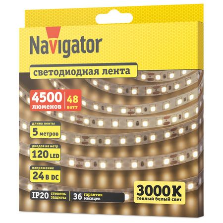 лента светодиодная NAVIGATOR LED 9,6Вт 2835 IP20 24В 4000К 5м фитолампа qvvcev e27 48 60 80 светодиодов smd 2835