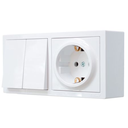 блок выключатель 2-клавишный и розетка с/з LEZARD Leto белый