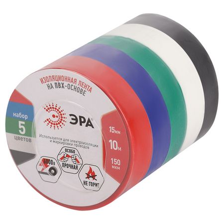 набор изолент ЭРА 15мм х 10м 5 цветов портативный фонарик pocketman желтый красный зеленый синий