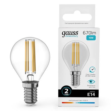 лампа филаментная GAUSS Filament Elementary 10Вт Е14 LED 670Лм 4100К шар