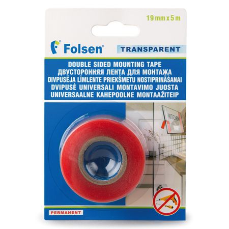 лента клейкая двусторонняя FOLSEN 19ммх5м прозрачная ПЭТ, арт.03522519 лента клейкая двусторонняя folsen пп 50ммх5м арт 03111505