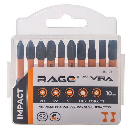 набор бит RAGE by VIRA TORX PH1 PH2 PH3 PZ1 PZ2 PZ3 SL5.5 HEX4 TT30 50мм 10шт