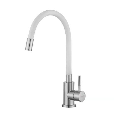 смеситель для кухни VODA K555W гибкий нержавейка белый сатин