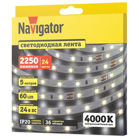 лента светодиодная NAVIGATOR LED 4,8Вт 2835 IP20 24В 4000К 5м фитолампа qvvcev e27 48 60 80 светодиодов smd 2835