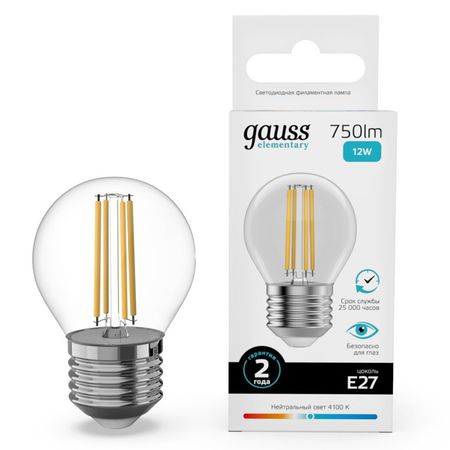лампа филаментная GAUSS Filament Elementary 12Вт Е27 LED 750Лм 4100К шар