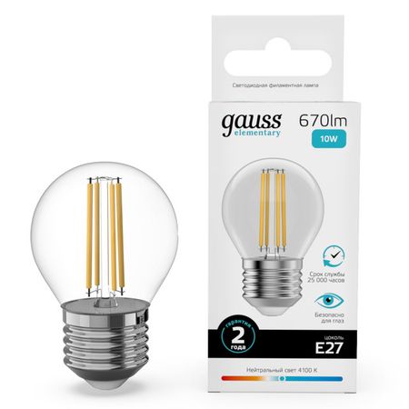лампа филаментная GAUSS Filament Elementary 10Вт Е27 LED 670Лм 4100К шар