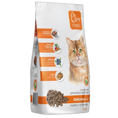 корм для кошек CLAN Classic Delicious индейка и белая рыба сухой 400г сухой корм для котят perfect fit от 2 до 12 месяцев с курицей 190 г