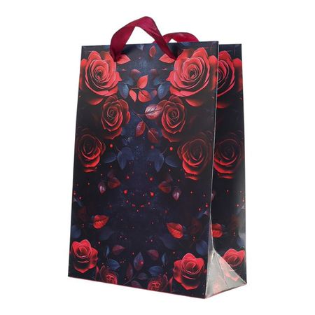 пакет Флористика розы 23х33х11см меловка 200 г/кв.м матовая ламинация красный/чёрный