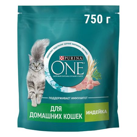 корм для кошек Purina ONE для взрослых домашних кошек индейка и цельные злаки сухой 0,75кг