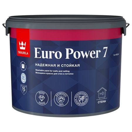 краска акриловая TIKKURILA Euro Power 7 для стен и потолков база А 9л белая, арт.700001121 краска акриловая tikkurila euro extra 20 для стен и потолков база с 2 7л бес ная арт 700001109