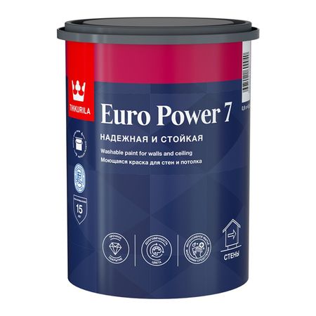 краска акриловая TIKKURILA Euro Power 7 для стен и потолков база С 0,9л  бесцветная, арт.700001122 краска акриловая tikkurila euro extra 20 для стен и потолков база с 2 7л бес ная арт 700001109