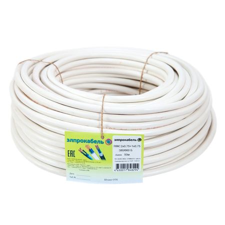 кабель ПВС ЭлПроКабель гибкий круглый 3х0,75 ГОСТ 50м белый кабель пвс элпрокабель гибкий круглый 2х1 5 гост 5м белый