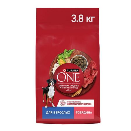 корм для собак Purina ONE для взрослых собак средних и крупных пород говядина и рис сухой 3,8кг сухой корм для котят perfect fit от 2 до 12 месяцев с курицей 190 г