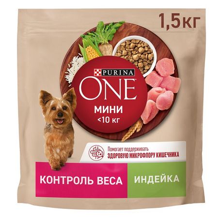 корм для собак Purina ONE Мини Здоровый вес для мелких пород индейка и рис сухой 1,5кг сухой корм для котят perfect fit от 2 до 12 месяцев с курицей 190 г