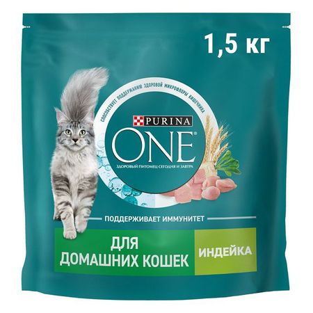 корм для кошек Purina ONE для взрослых домашних кошек индейка и цельные злаки сухой 1,5кг