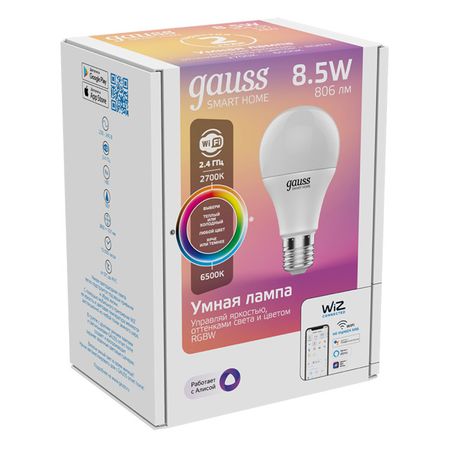 лампа GAUSS Smart Home 8,5Вт E27 LED 806Лм 2700/6500К A60 RGBW диммиро chinly dmx512 волоконно оптический двигатель 32 вт rgbw