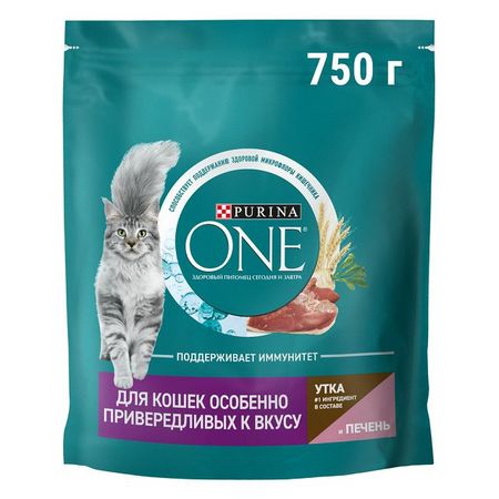 корм для кошек Purina ONE для привередливых кошек утка и печень сухой 0,75кг сухие корма farmina вет корма для кошек при профилактике мкб 5 кг