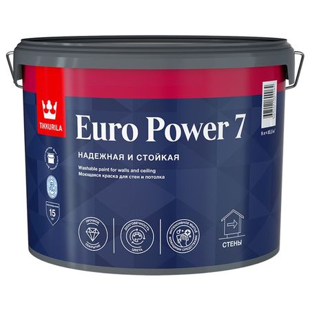 краска акриловая TIKKURILA Euro Power 7 для стен и потолков база С 9л бесцветная, арт.700001124 краска акриловая tikkurila euro extra 20 для стен и потолков база с 2 7л бес ная арт 700001109