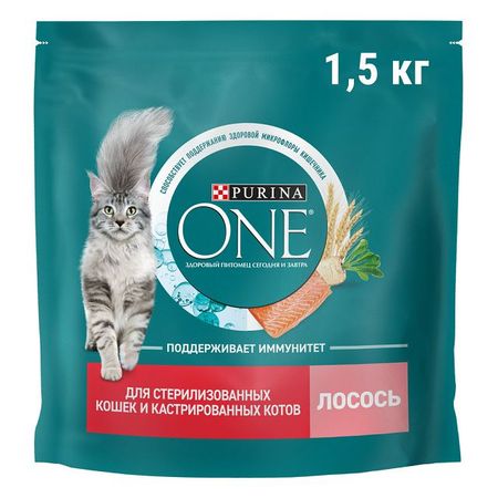 корм для кошек Purina ONE для стерилизованных и кастрированных лосось и пшеница сухой 1,5кг сухие корма farmina вет корма для кошек при профилактике мкб 5 кг