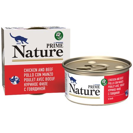 корм для кошек PRIME Nature куриное филе с говядиной в бульоне банка 85г