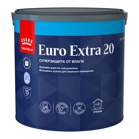краска акриловая TIKKURILA Euro Extra 20 для стен и потолков база А  2,7л белая, арт.700001106 краска акриловая tikkurila euro extra 20 для стен и потолков база с 2 7л бес ная арт 700001109