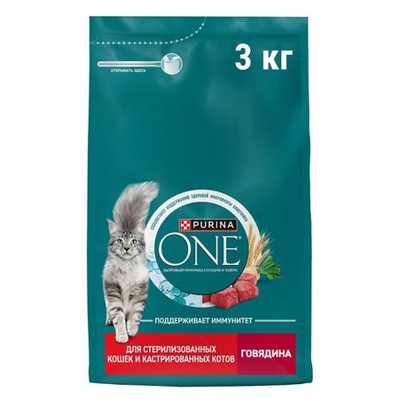 корм для кошек Purina ONE для стерилизованных и кастрированных говядина и пшеница сухой 3кг сухие корма farmina вет корма для кошек при профилактике мкб 5 кг