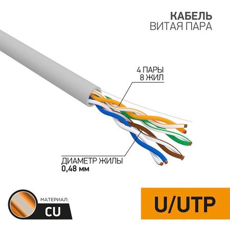 кабель компьютерный PROCONNECT U/UTP cat5e 4PR CU 25м серый кабель компьютерный utp4 cat5e 25м