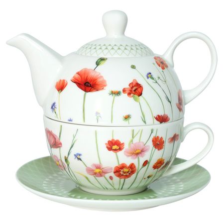 набор TODELIA Маки 3 предмета: чайник 0,45 л, чашка 260мл, блюдце 14,8см костяной фарфор