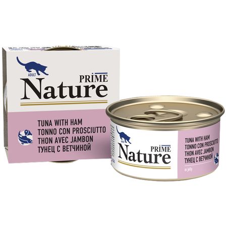 корм для кошек PRIME Nature тунец с ветчиной в желе банка 85г консервы паучи cesar влажный корм cesar для взрослых собак жаркое с уткой в желе 85 г