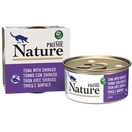 корм для кошек PRIME Nature тунец с ширасу в бульоне банка 85г