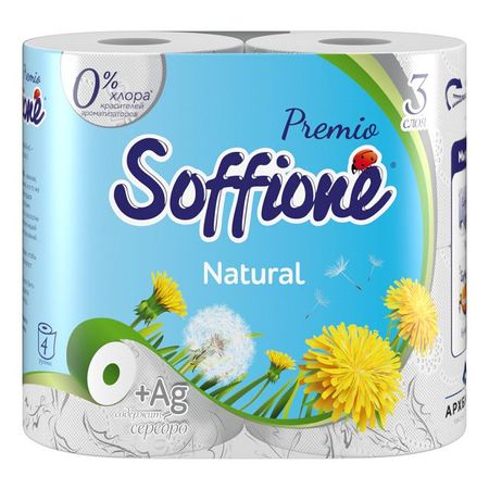 бумага туалетная SOFFIONE Premio Natural 4шт в уп. 3-слойные 140 листов без аромата туалетная бумага soffione premio toscana lavender 3 слоя 4 рулона