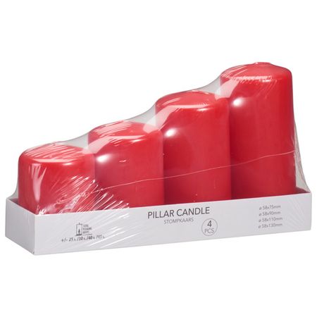 набор свечей-столбиков 4шт 5,8х7,5/9/11/13см 25/30/40/45ч/г красный без аромата