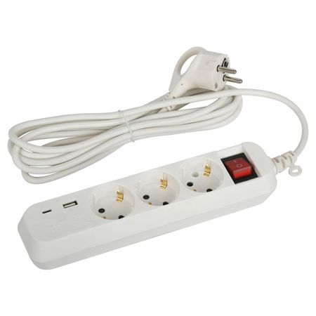 удлинитель с USB ЭРА 3м 3-местный с/з 3x0,75мм2 10А с выключателем белый