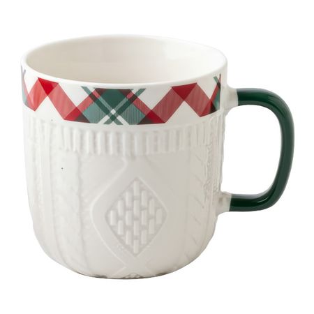 кружка TODELIA Зимняя зеленая ручка, толстые полосы 340мл костяной фарфор