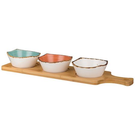 набор салатников BRONCO Nature 4 шт 10,9см 0,15л на деревянной подставке фарфор