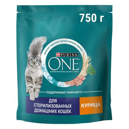 корм для кошек Purina ONE для стерилизованных домашних кошек курица и цельные злаки сухой 0,75кг