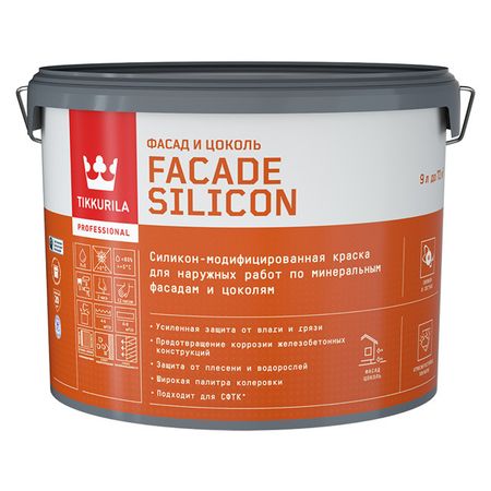 краска акриловая фасадная TIKKURILA Facade Silicon база А 9л белая, арт.700011476 шпатлевка акриловая лакра по дереву белая 0 6кг арт 0008056