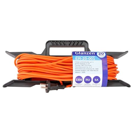 удлинитель силовой на рамке GLANZEN 1 гнездо ПВС 2х0,75мм 20м 6А IP20 оранжевый удлинитель navigator compactline в корпусе пвс б з с выкл ip20 2х0 75мм 6a 10м