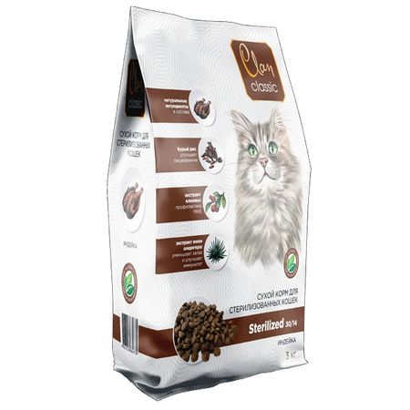 корм для кошек CLAN Classic Sterilized для стерилизованных кошек индейка сухой 3кг