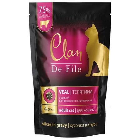 корм для кошек CLAN De File индейка, креветки и семена льна в соусе пауч 85г