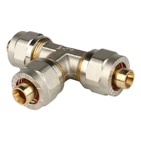 тройник обжим STOUT металлопластиковый 16х16х16 угольник обжим stout металлопластиковый 20х20