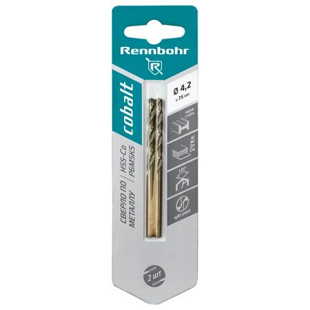 сверло по металлу RENNBOHR COBALT 4,2х75мм 2шт сверло по металлу rennbohr cobalt 3 5х70мм 2шт