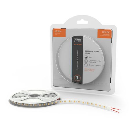 лента GAUSS Basic LED 10Вт/м 700Лм/м 3000K 10мм IP65 12В 3м лента gauss basic led 10вт м 700лм м 3000k 10мм ip65 12в 3м