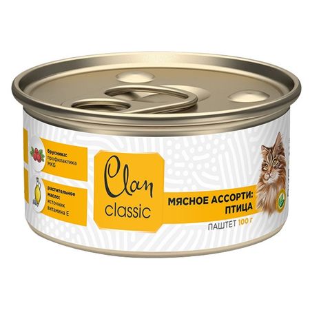 корм для кошек CLAN Classic паштет мясное ассорти с птицей банка 100г наклейка на унитаз с птицей