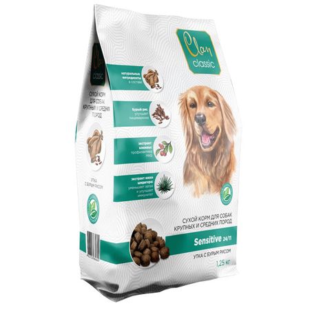 корм для собак CLAN Classic Sensitive для крупных и средних пород с уткой и бурым рисом сухой 1,25кг холистики florida prof профилактика hypoallergenic сухой корм для собак при пищевой аллергии 2 кг 2 кг