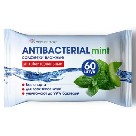 салфетки влажные MORE DE FLORE Mint антибактериальные 60шт влажные салфетки ашан красная птица антибактериальные 15 шт
